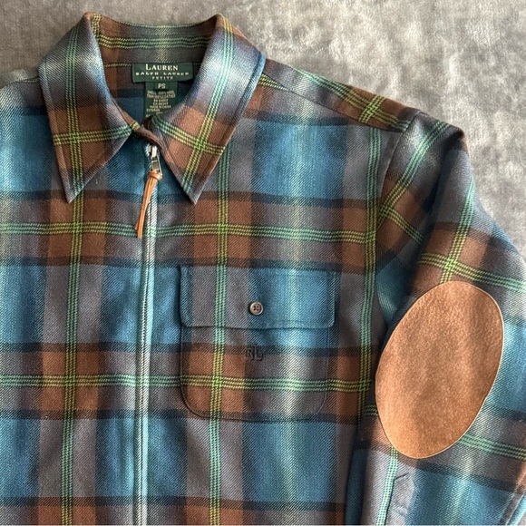 LRL Ralph Lauren Plaid 100% Wool Zip Up Jacket Leather Elbow Patch Size S Petite